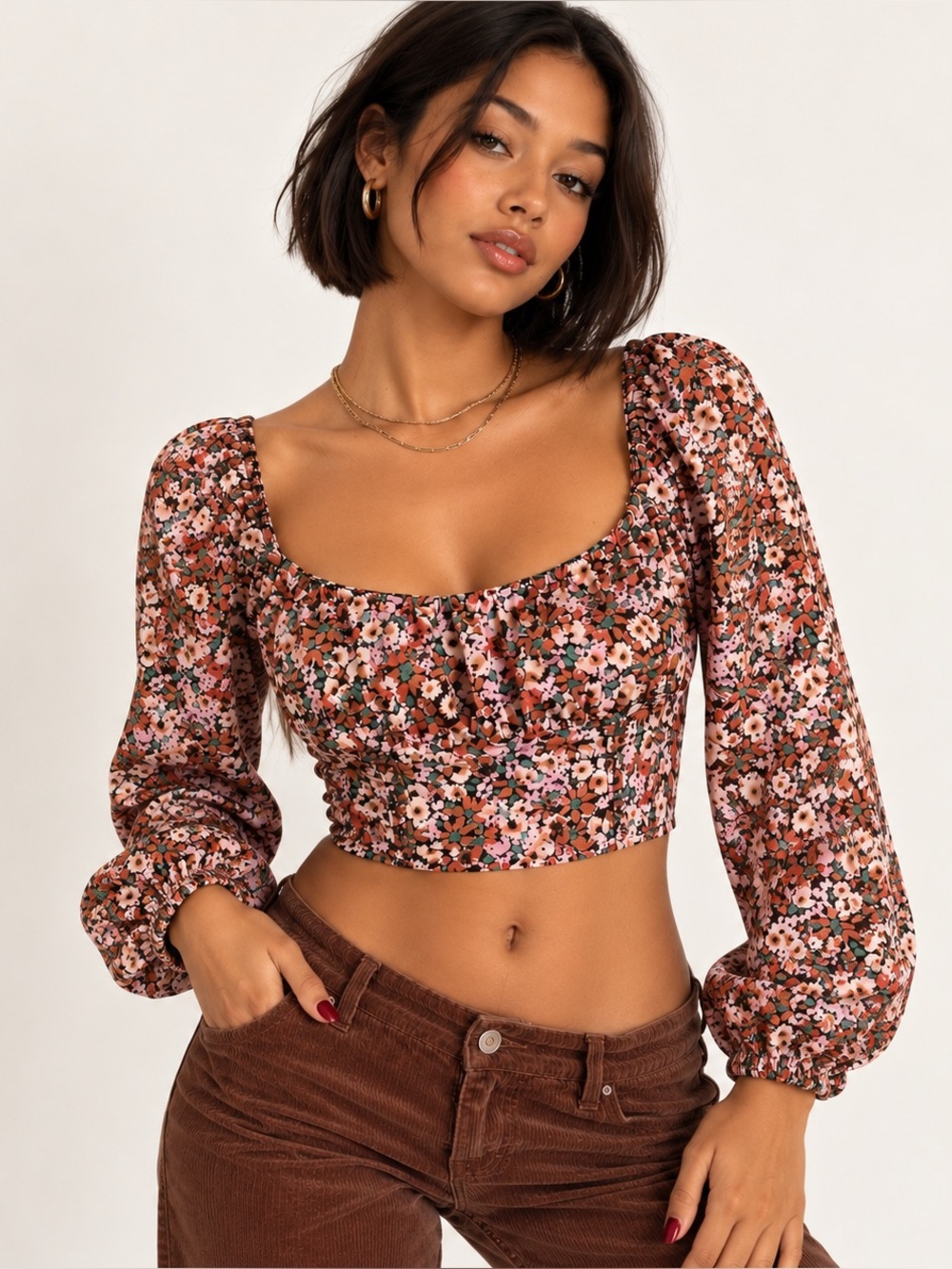 Wild Fable Fall Floral Milkmaid Puff Sleeve Y2K Crop Top Brown Pink Size M